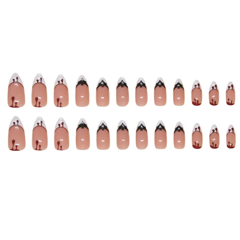 24pcs Halloween Bat Short Almond Removable Press on Nails Girls Cheap Acyrlic False Nails with Glue French Tip Black White Red - www.sixcolors.us