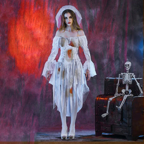 Halloween Cosplay Terrorist Bride Costumes for Women Gothic Victorian Bloody Off Shoulder Long Sleeve Dress Outfits for Party - www.sixcolors.us