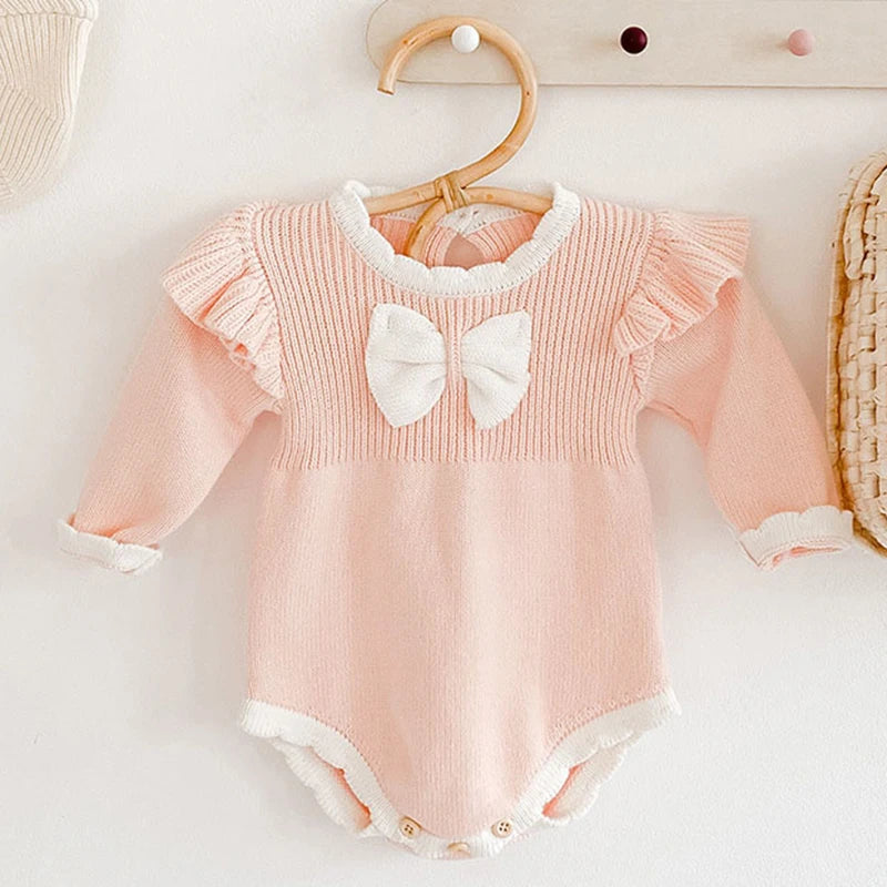 Infant Baby Girl Sweet Embroider Knit Jumpsuit s Pink Bow Princess Rompers Spring Autumn Newborn Kids Baby Girls Clothes Rompers