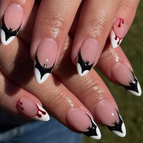 24pcs Halloween Bat Short Almond Removable Press on Nails Girls Cheap Acyrlic False Nails with Glue French Tip Black White Red - www.sixcolors.us
