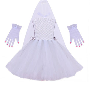 Elegant White Dress for Girl Ghost Bride Cosplay Outfit Tutu Prom Wedding Halloween Costume Mesh Fansy Clothes Children Fluffy - www.sixcolors.us