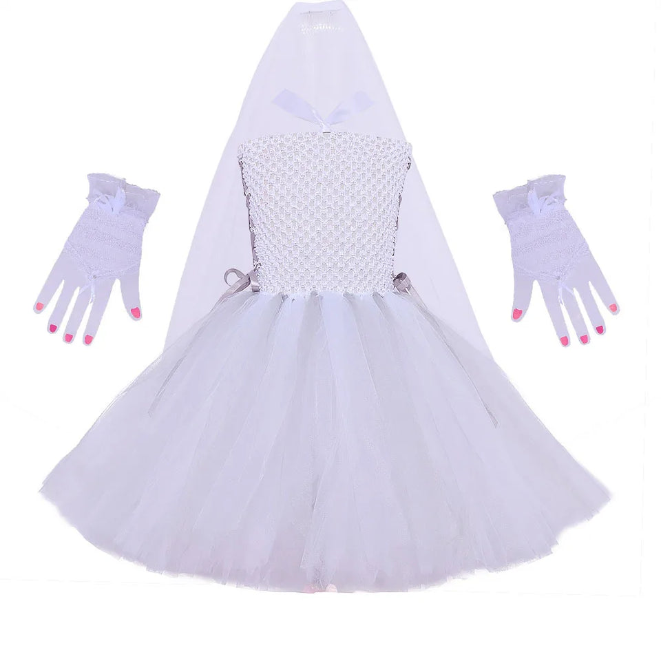Elegant White Dress for Girl Ghost Bride Cosplay Outfit Tutu Prom Wedding Halloween Costume Mesh Fansy Clothes Children Fluffy - www.sixcolors.us