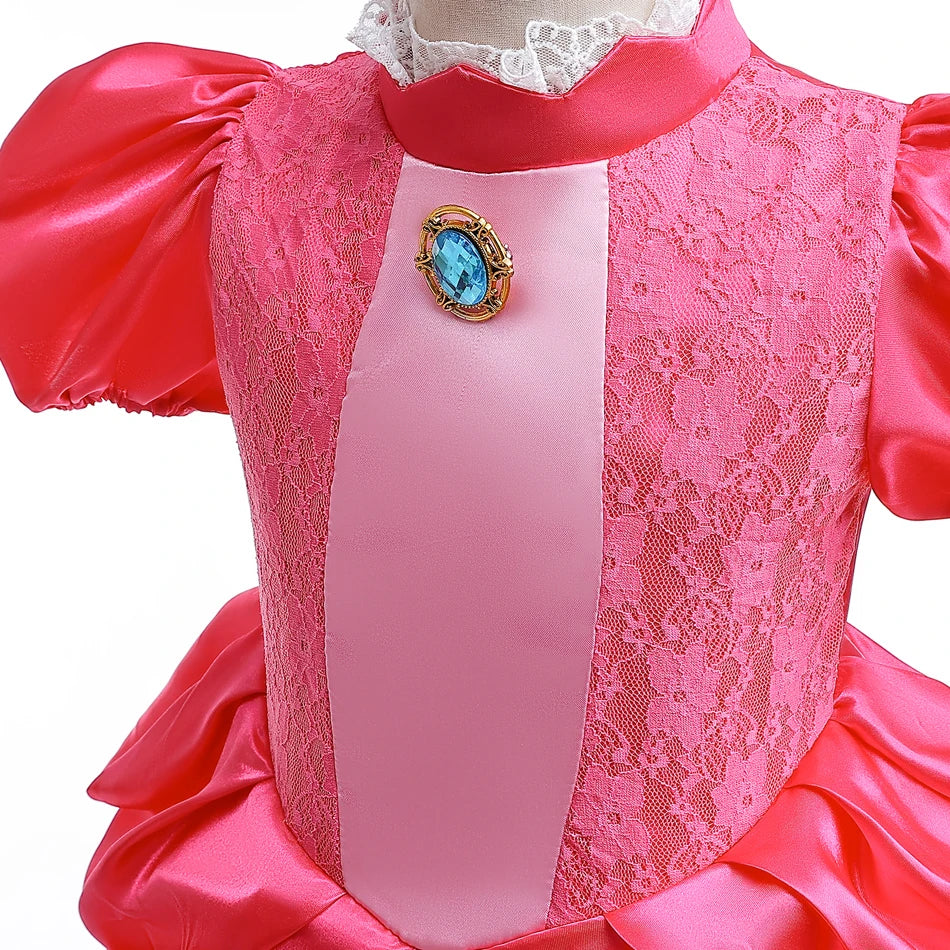 Girls Peach Princess Dress Halloween Cosplay Costume Children Cosplay Party Super Bros Plumber Clothes Birthday Party Outfits - www.sixcolors.us