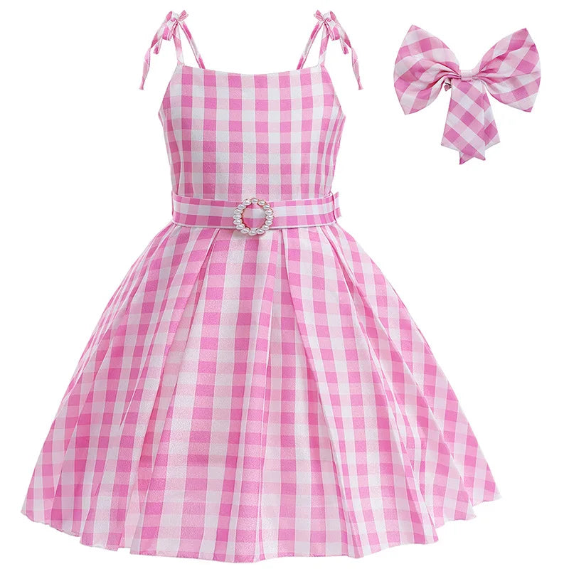 Movie Barbi Halloween Girls Cosplay Costume Party Bow Sleeveless Vintage Pink Plaid Dress Rose Street Punk Clothing Set 2-10Y - www.sixcolors.us