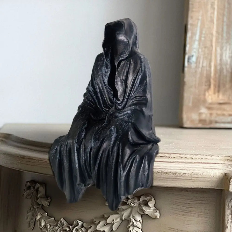 Horror Gothic Black Robed Sitting Garden Sculpture Halloween Decor Black Clothes Mysterious Master Ornament - www.sixcolors.us