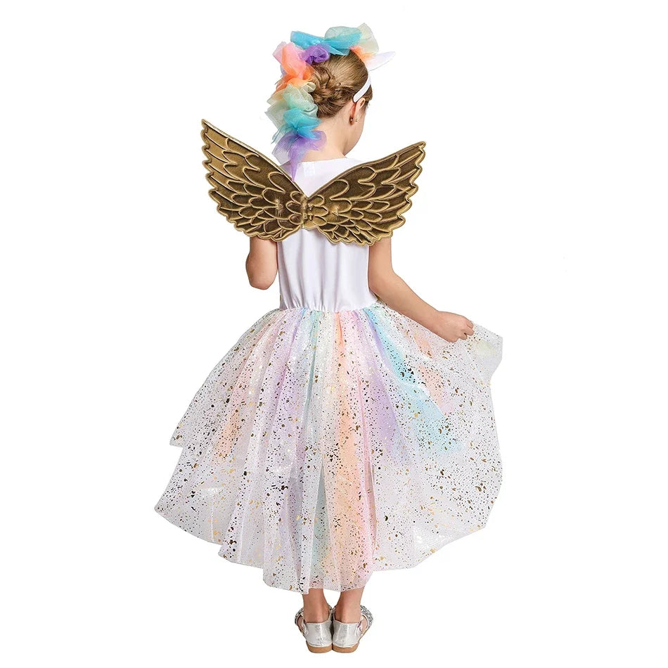 Unicorn Costume for Girls Birthday Gifts Kids Rainbow Tutu Dress Halloween Party Decoration Christmas Outfit with Headband Wing - www.sixcolors.us
