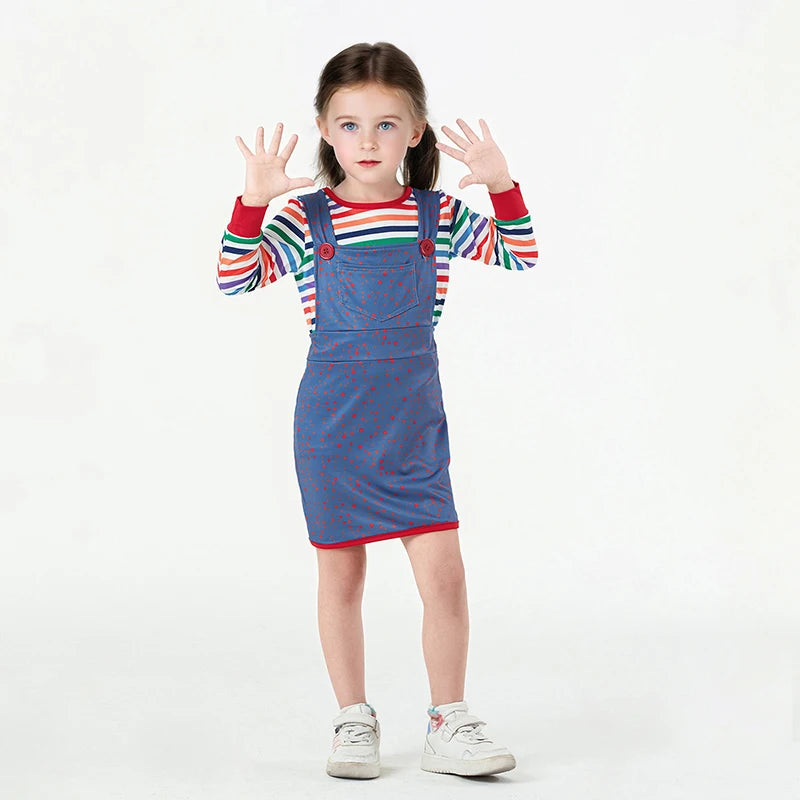 Party Halloween Creepy Killer Doll Costume for Women/Girl Rainbow Stripe Print Long Sleeve Tops with Suspender Dress 2 Pcs Set - www.sixcolors.us