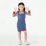 Party Halloween Creepy Killer Doll Costume for Women/Girl Rainbow Stripe Print Long Sleeve Tops with Suspender Dress 2 Pcs Set - www.sixcolors.us