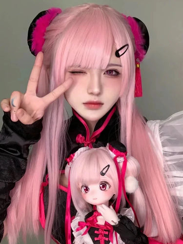 Pink Wig Women's Long Hair Air Bangs Long Straight Hair Lolita Natural round Face Halloween Cos Full-Head Wig Style - www.sixcolors.us