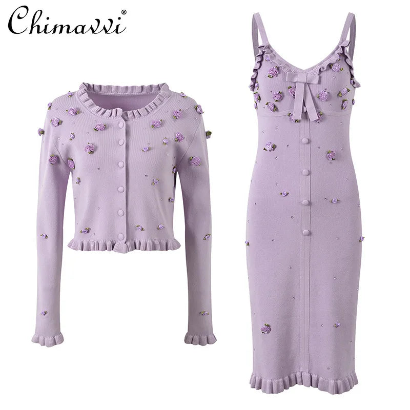 French 3D Flower Hot Diamond Fungus Edge Long-sleeved Knitted Cardigan Jacket Sexy Girl Slim Suspender Dress 2024 Autumn New