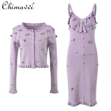 French 3D Flower Hot Diamond Fungus Edge Long-sleeved Knitted Cardigan Jacket Sexy Girl Slim Suspender Dress 2024 Autumn New