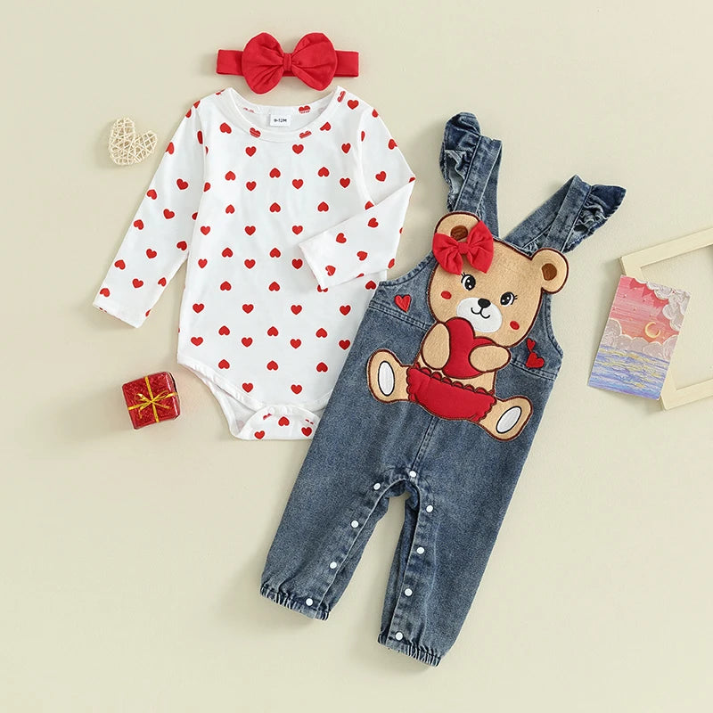 Baby Girl Valentine s Day Clothes Heart Print Long Sleeve Romper with Bear Embroidery Denim Overalls Pants Headband
