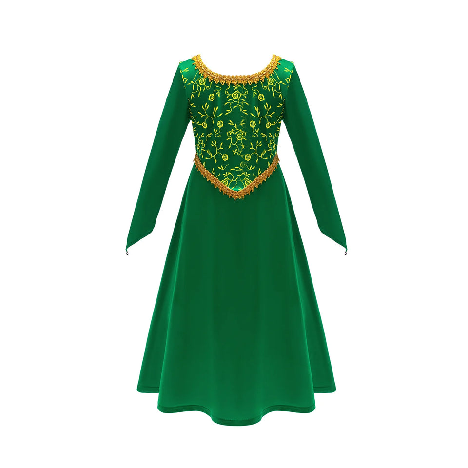 Fiona Green Princess Dress Halloween Fantasy Dress Up Costume Children Elegant Gown Kids Autumn Long Sleeve Lace Print Frocks - www.sixcolors.us