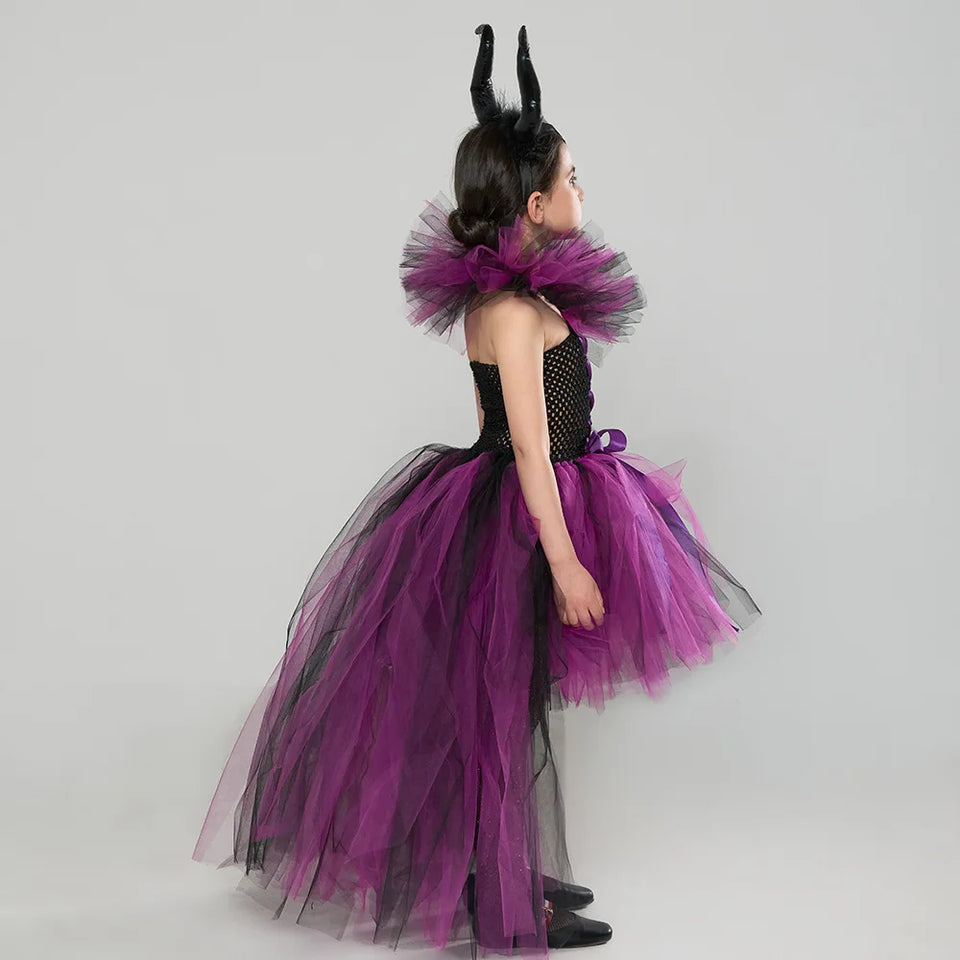 Disney Maleficent Costume Deluxe Girls Halloween Carnival Party Black Trailing Mesh Dress Kids Cosplay Demon Queen Witch Clothes - www.sixcolors.us