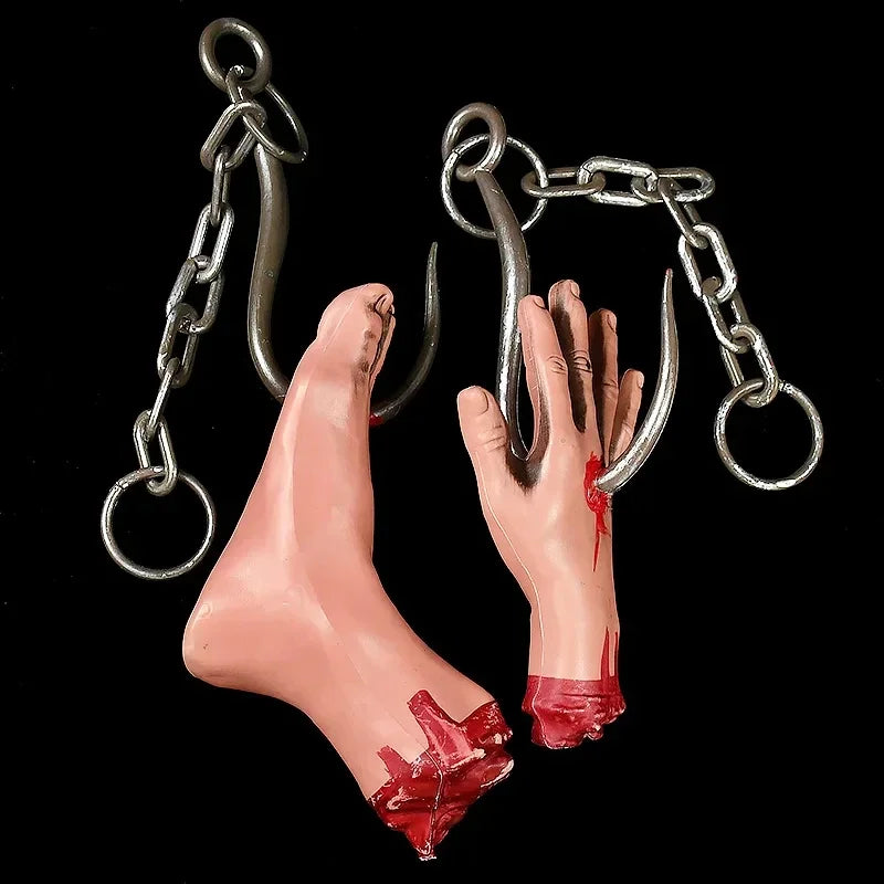 Halloween Iron Chains Hook Hand Feet Haunted House Horror Props Bloody Hands Feet Hanging Ornament Halloween Party Decoration - www.sixcolors.us