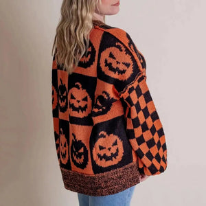 Plaid Pumpkin Ghost Pattern Sweater Spooky Pumpkin Ghost Plaid Sweater Oversized Crew Neck Halloween Knitwear Haunted Checkered - www.sixcolors.us