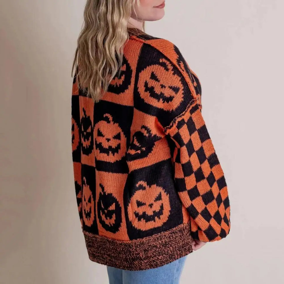 Plaid Pumpkin Ghost Pattern Sweater Spooky Pumpkin Ghost Plaid Sweater Oversized Crew Neck Halloween Knitwear Haunted Checkered - www.sixcolors.us