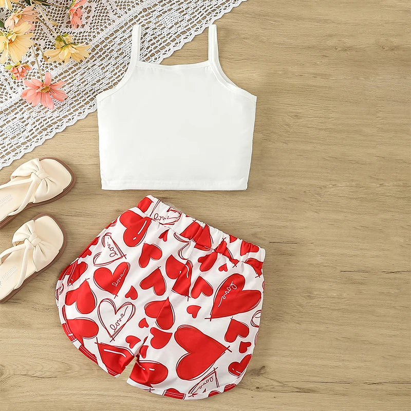 Wankitoi Kids Girl Valentine s Day Outfits Sleeveless Heart Tops Love Shorts 2Pcs Girls Summer Clothes