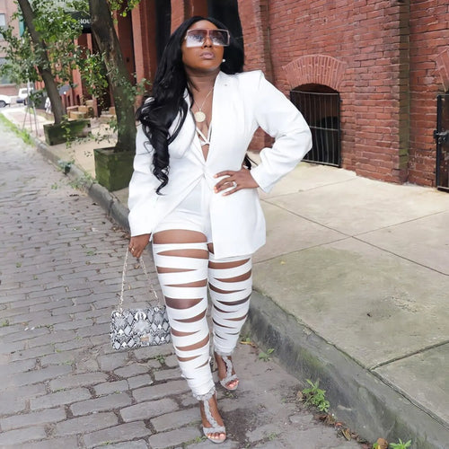 Plus Size Hollow Out Matching Set Women Solid Suit Jacket Female Winter Pencil Pant Lady Elegant Outfit Two Piece Pant Set - www.sixcolors.us