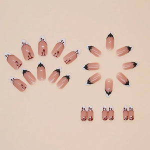 24pcs Halloween Bat Short Almond Removable Press on Nails Girls Cheap Acyrlic False Nails with Glue French Tip Black White Red - www.sixcolors.us