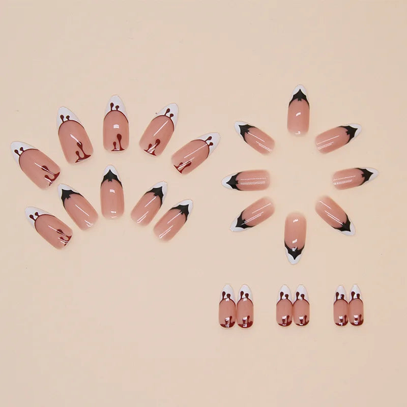 24pcs Halloween Bat Short Almond Removable Press on Nails Girls Cheap Acyrlic False Nails with Glue French Tip Black White Red - www.sixcolors.us