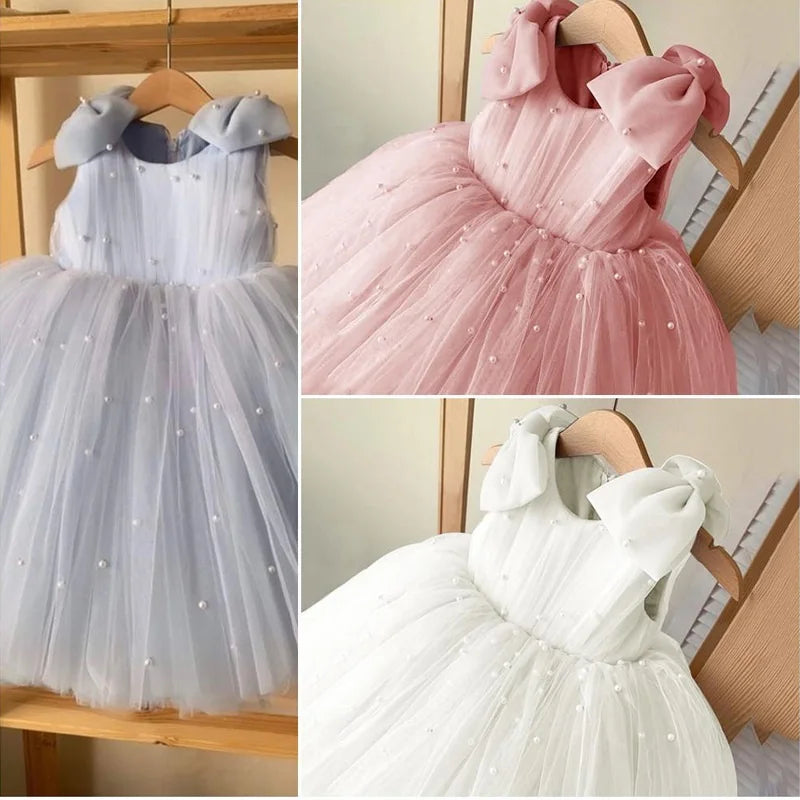 Baby Girl Princess Pearl Bow Dress Sleeveless Infant Toddler Girl Vintage Vestido Party Pageant Birthday Baby Clothes 1-12Y