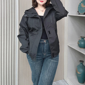 Outdoor Jacket Lovers Plus Size Women Autumn New Loose Leisure Weatherproof Rainning Proof Hooded Zipper Trench Coat 2275 - www.sixcolors.us