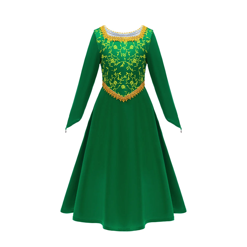 Fiona Green Princess Dress Halloween Fantasy Dress Up Costume Children Elegant Gown Kids Autumn Long Sleeve Lace Print Frocks - www.sixcolors.us
