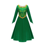 Fiona Green Princess Dress Halloween Fantasy Dress Up Costume Children Elegant Gown Kids Autumn Long Sleeve Lace Print Frocks - www.sixcolors.us