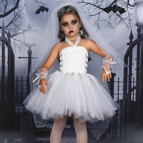 Elegant White Dress for Girl Ghost Bride Cosplay Outfit Tutu Prom Wedding Halloween Costume Mesh Fansy Clothes Children Fluffy - www.sixcolors.us