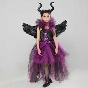 Disney Maleficent Costume Deluxe Girls Halloween Carnival Party Black Trailing Mesh Dress Kids Cosplay Demon Queen Witch Clothes - www.sixcolors.us