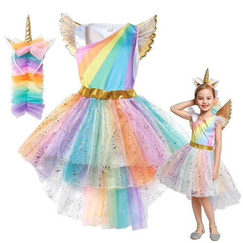 Unicorn Costume for Girls Birthday Gifts Kids Rainbow Tutu Dress Halloween Party Decoration Christmas Outfit with Headband Wing - www.sixcolors.us
