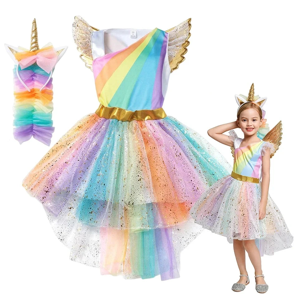 Unicorn Costume for Girls Birthday Gifts Kids Rainbow Tutu Dress Halloween Party Decoration Christmas Outfit with Headband Wing - www.sixcolors.us