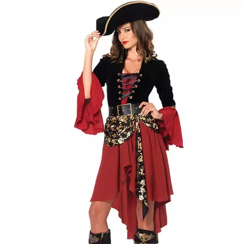 Halloween Women Costume Sets Masquerade Red Pirate cos Captain Jack Adult Female Pirates of the Caribbean Performance Clothes - www.sixcolors.us