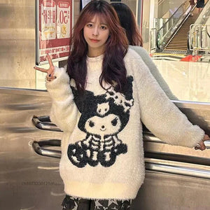 Sanrio Kuromi Halloween Style Knitted Sweater Couple Autumn Winter New Loose Knitwear Skull Decoration Cartoon Clothing Y2k Tops - www.sixcolors.us