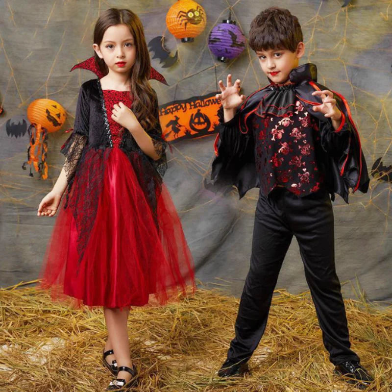 2024 Girls Cosplay Vampire Halloween Dress For Kids Ghost Bride Gothic Costume Count Vampiran Carnival Outfit Black Red Clothes - www.sixcolors.us