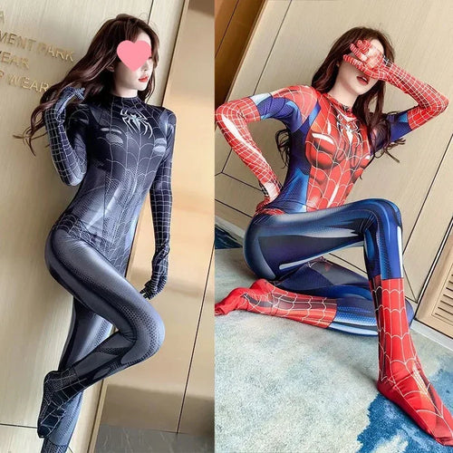 Women Girls Sexy Spiderman Jumpsuit Black Zentai Cosplay Costume Halloween Carnival Party Dress - www.sixcolors.us
