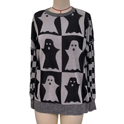 Plaid Pumpkin Ghost Pattern Sweater Spooky Pumpkin Ghost Plaid Sweater Oversized Crew Neck Halloween Knitwear Haunted Checkered - www.sixcolors.us
