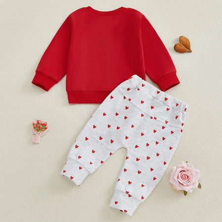 Baby Boy Valentine’s Day Outfits Long Sleeve Sweatshirt Heart Print Pants Set Toddler Clothes