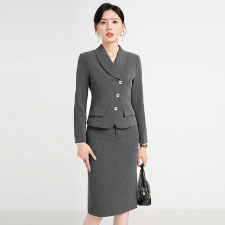 High Quality Black Blazer Set Pencil Skirt Women Elegant 2 Piece Set Fall New Commuter Career Suit Blue Long Sleeve Cut Jacket