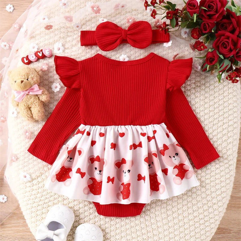 Valentine s Day Baby Girl Cute Outfit Heart Print Ruffled Bowknot Bodysuit Romper Jumpsuit Infant Clothes