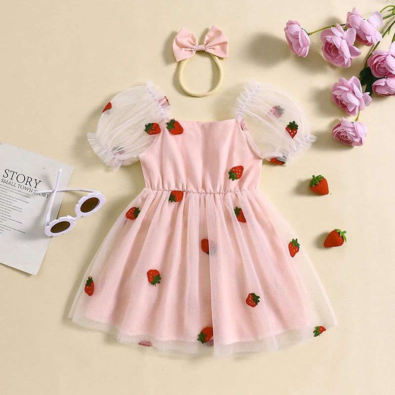 Kids Girl’s Outfit Puff Sleeve Embroidery Strawberry Tulle A-line Dress with Headband 2pcs Girls Clothes Set
