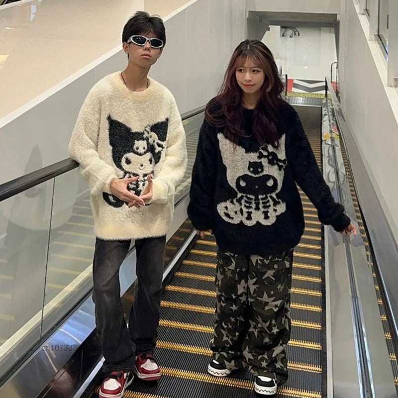 Sanrio Kuromi Halloween Style Knitted Sweater Couple Autumn Winter New Loose Knitwear Skull Decoration Cartoon Clothing Y2k Tops - www.sixcolors.us