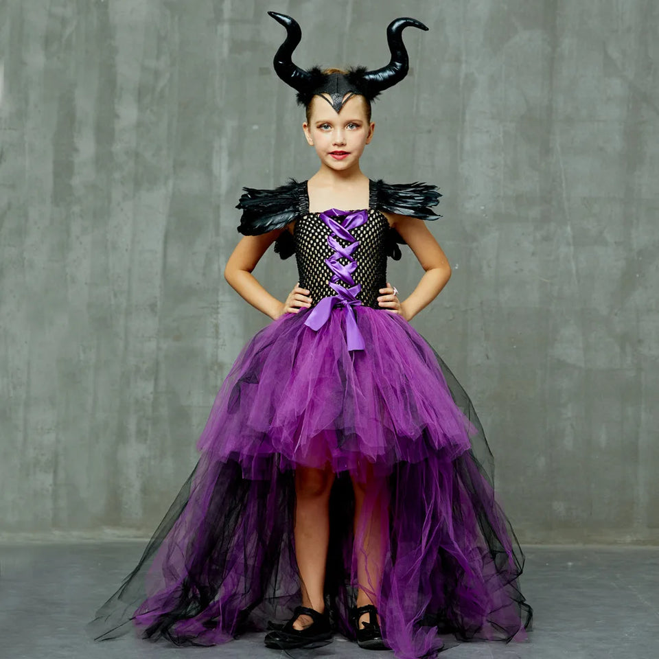 Disney Maleficent Costume Deluxe Girls Halloween Carnival Party Black Trailing Mesh Dress Kids Cosplay Demon Queen Witch Clothes - www.sixcolors.us