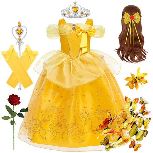 Kids Princess Cosplay Costume Girl Dress Belle Floral Vestido Beauty Beast Fantasy Outfits Carnival Halloween Party Elegant Gown - www.sixcolors.us