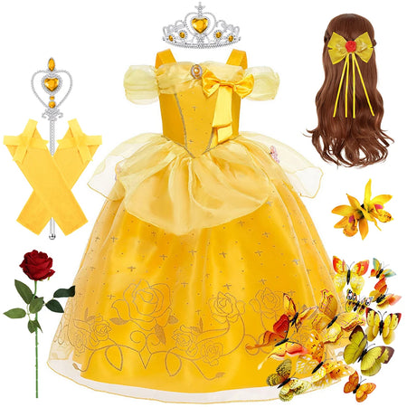 Kids Princess Cosplay Costume Girl Dress Belle Floral Vestido Beauty Beast Fantasy Outfits Carnival Halloween Party Elegant Gown - www.sixcolors.us