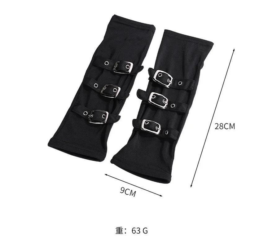 Dark Gothic Metal Buckle Half Open Finger Wristband Gloves Wrist Strap Arm Warmer Punk Cosplay Halloween Costume Accessories - www.sixcolors.us