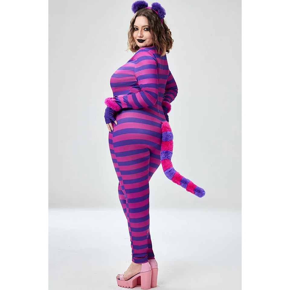Plus Size Halloween Costume Purple Long Sleeve Stripe Cosplay Kitten Knitted Jumpsuit (With Headwear And Gloves) - www.sixcolors.us