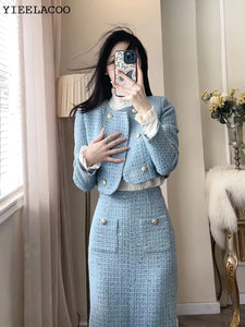 BlueTweed jacket + Skirt Sets fashion Professional Set slimming new Women's Suit Autumn/Winter White 2-Piece Set