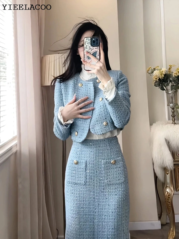 BlueTweed jacket + Skirt Sets fashion Professional Set slimming new Women's Suit Autumn/Winter White 2-Piece Set